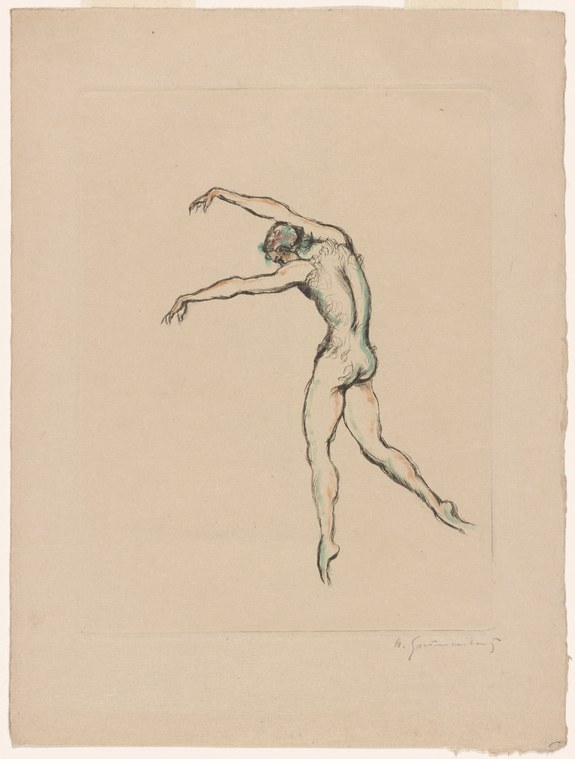 A male dancer suspended in mid-air, body arched backward, arms extended, legs stretched behind, drawn in brown ink on paper.