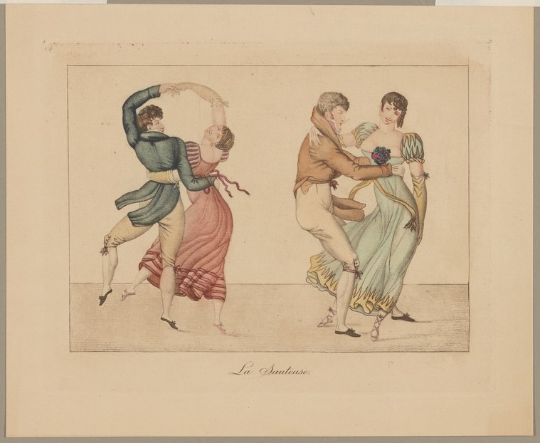 Two couples in Regency dress; the man lifts each woman into an arched pose with arms raised, both women's bodies suspended and curved.