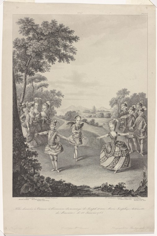 Engraved scene of aristocratic couples in formal 1760s dress dancing in a garden with Vienna in the distance.