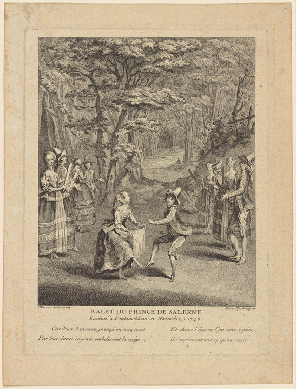 Eighteenth-century engraving showing dancers in court dress performing in a wooded clearing, with spectators observing from the sides.