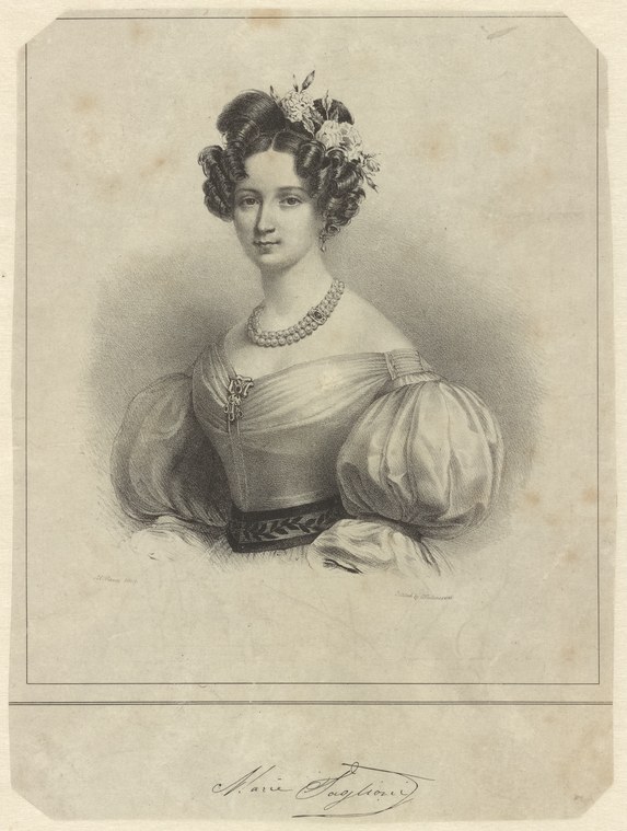 Formal half-length portrait engraving of young woman in 1840s dress with ringletted hair, wearing off-shoulder white gown with puffed sleeves and pearl