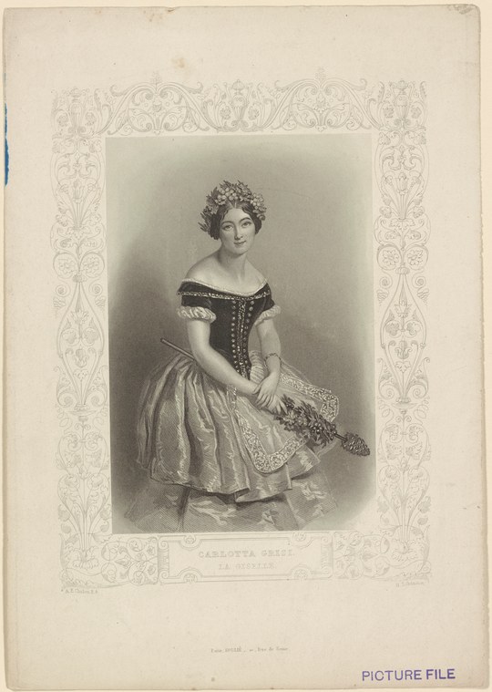 Engraved portrait of a young woman in pale Romantic-era ballet costume with off-shoulder bodice and full tutu, holding flowers.