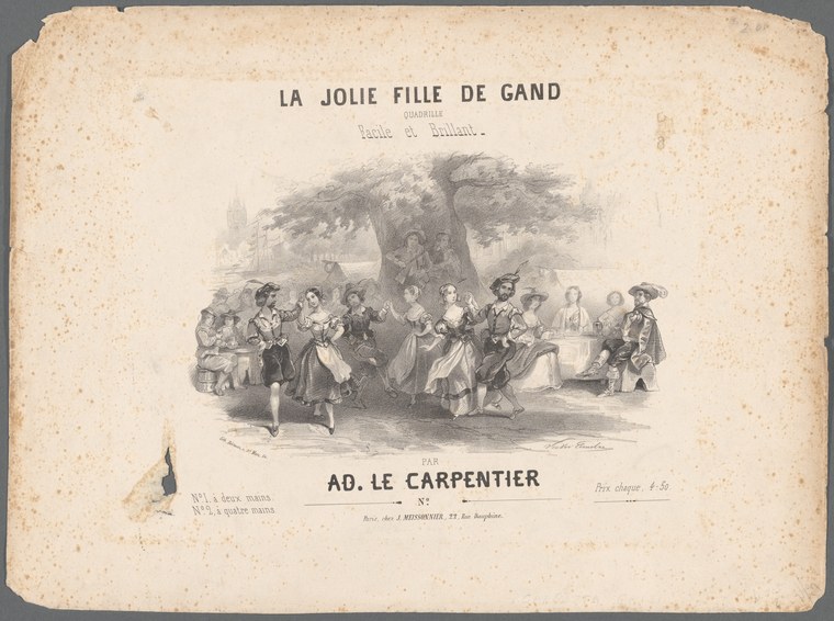 Engraving of a dozen fashionably dressed dancers arranged in a square formation beneath a large tree in a garden setting.