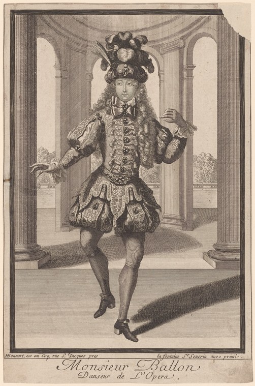 Engraved portrait of a male dancer in Baroque costume, posed in turned-out stance within a columned interior.