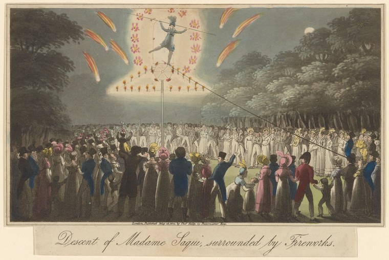 Hand-colored engraving of a female acrobat suspended on an inclined rope against a glowing sky filled with fireworks, surrounded by a large crowd of spectators