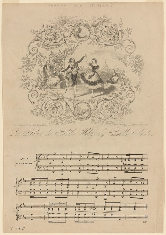 Five dancers in Regency dress perform a waltz in a ornate framed engraving; women in long skirts turn with arms extended, men in dark coats support them.