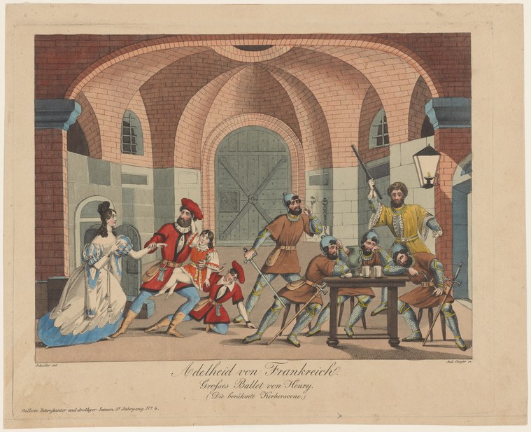 A hand-colored engraving of a prison scene: a woman in white kneels in supplication before armed officers and seated judges in a vaulted brick chamber.