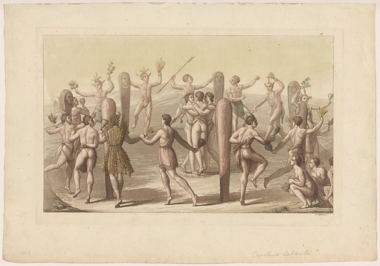 Engraving of dozens of nude and draped figures dancing and celebrating around monumental stone structures in a classical landscape.