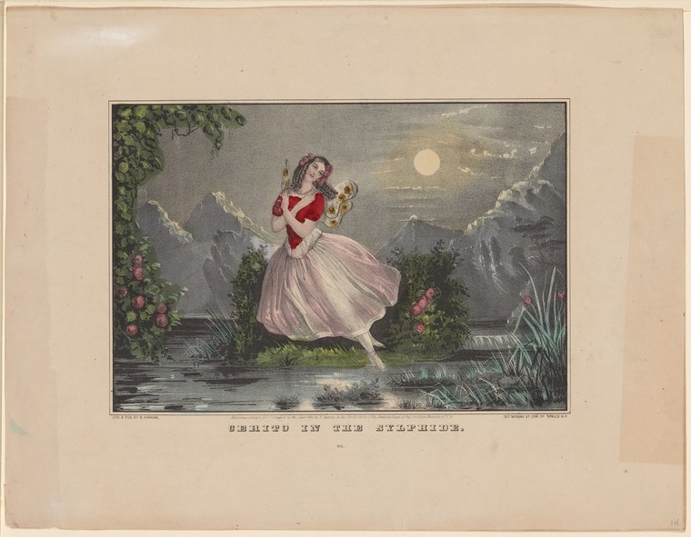 A ballerina in a red bodice and pink tulle skirt appears weightless in a moonlit landscape, arms raised, surrounded by flowering plants and mountains.