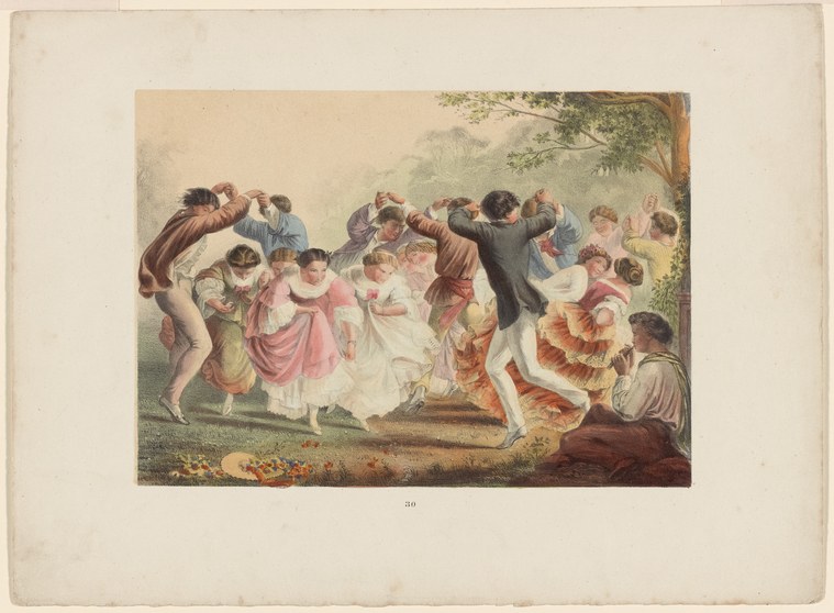 A hand-colored engraving of children and two adults dancing in a circle beneath a tree in a garden, dressed in 19th-century clothing.