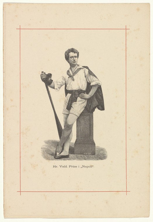 A young man in 19th-century theatrical costume—white linen shirt, dark breeches, and cape—stands facing the viewer, holding a dark object in his left hand.