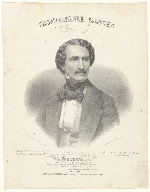 Lithograph bust portrait of a bearded man in dark coat and bow tie, identified as Saracco, a dance master who introduced a named dance to the United States.