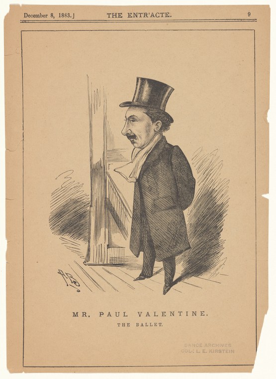 Wood engraving of a thin mustached man in formal Victorian evening dress and top hat, standing in profile against a plain background.
