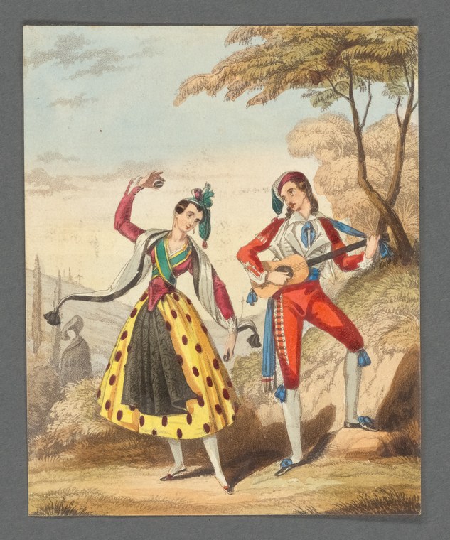 A woman in a yellow-spotted skirt holds castanets while a man in red plays guitar beneath leafy trees in a landscape.
