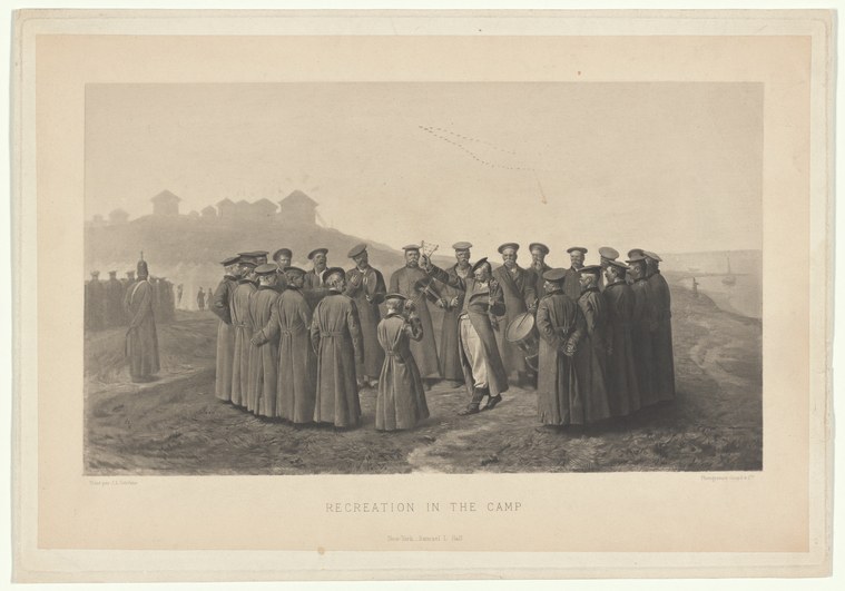 Soldiers in military overcoats stand in a circle in a barren landscape, with a fortified structure on the horizon.