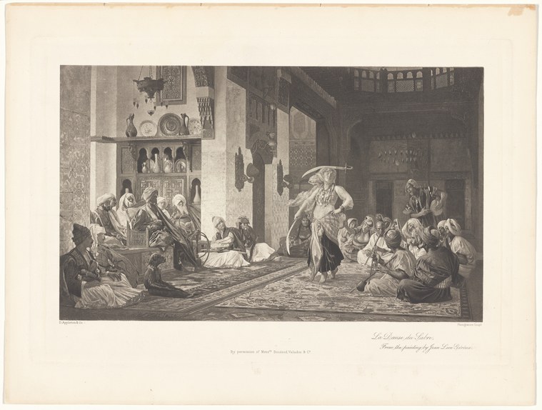 Classical interior with seated assembly facing a standing figure in a pointed hat, arms raised in theatrical gesture.