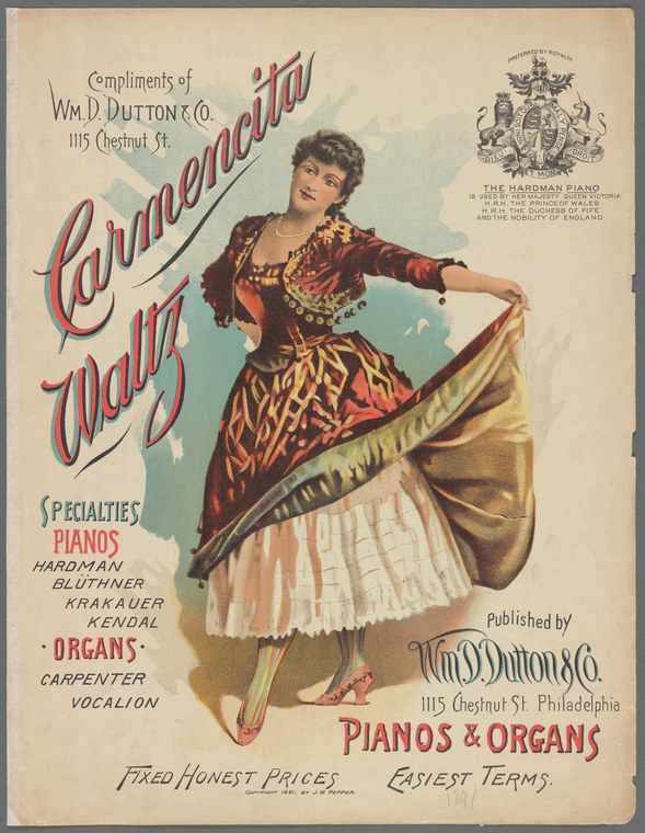 Woman in crimson Spanish jacket and white petticoat performing a dramatic waltz turn, red script text around her body, sheet music cover.