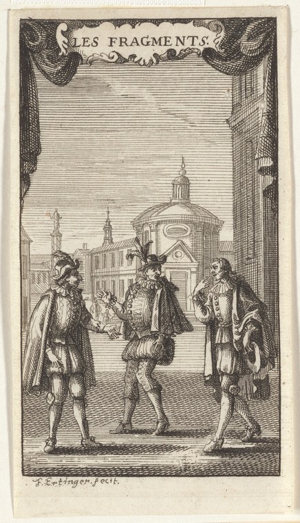 Three aristocratic men in Renaissance dress stand in a classical city square; the central figure gestures expressively toward his flanking companions.