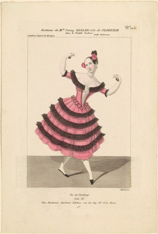 A woman in a pink ruffled skirt and dark bolero jacket, arms raised with hands turned outward, posed as if dancing.