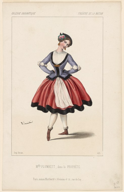 A woman in ballet pointe shoes stands in a theatrical pose wearing a blue bodice and full red-and-white skirt with a decorative headdress.