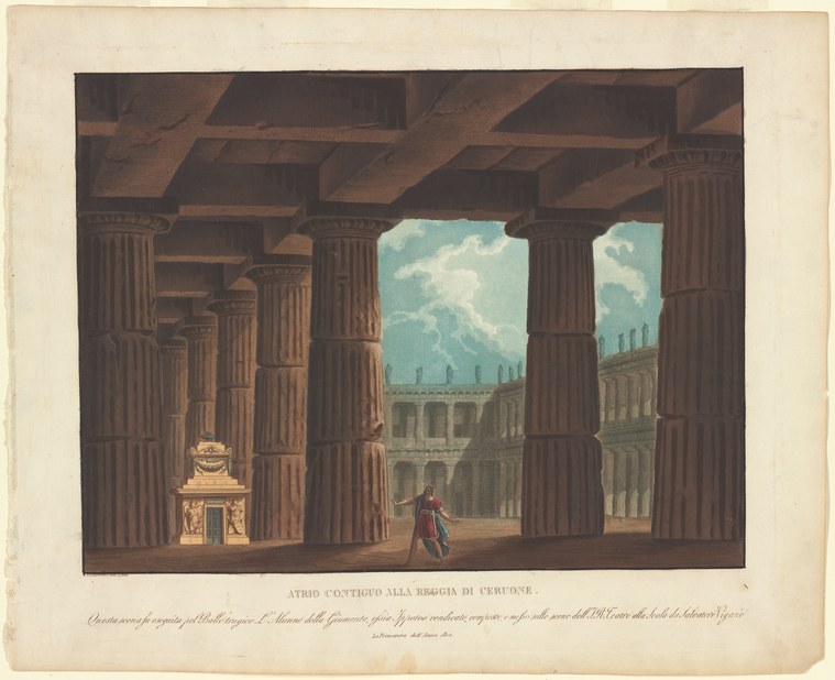A solitary male figure in classical dress stands in a grand Doric colonnade, leaning on a staff, as mountains rise beyond the courtyard.