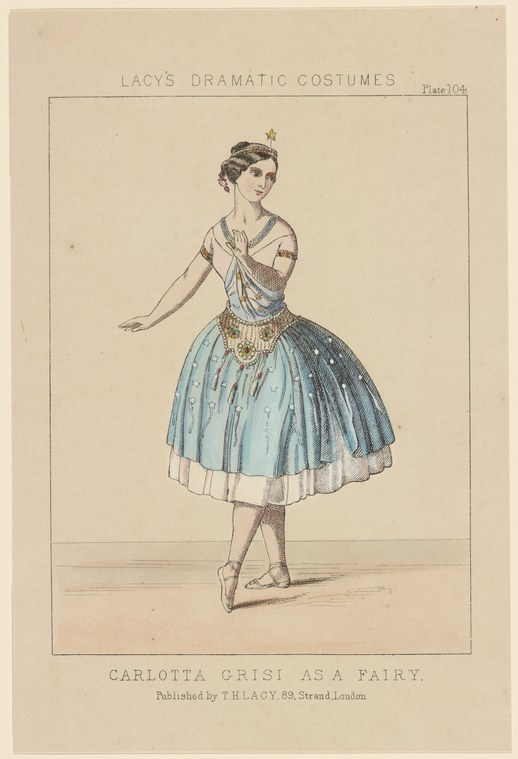 Carlotta Grisi in pale blue tulle ballet costume, posed en relevé with one arm extended, wearing a tiara and gazing downward.
