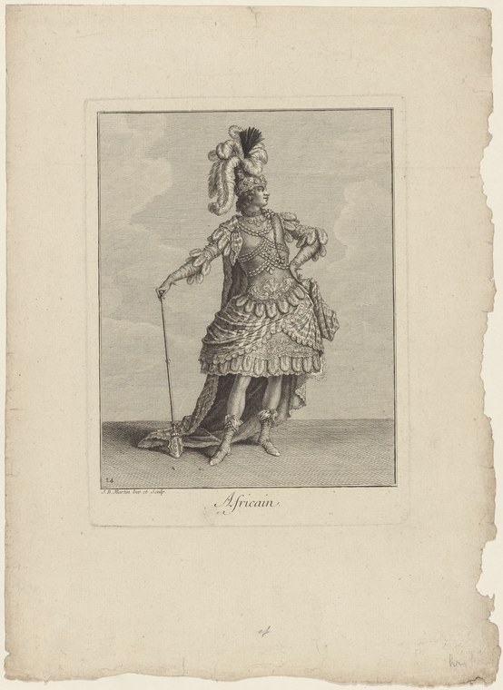 Engraving of a figure in ornate 18th-century theatrical costume labeled 'Africain,' holding a cane and gesturing with one arm outstretched.