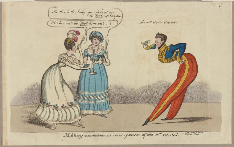 Colored engraving: two women in Regency dress converse; a military officer in blue coat and red cape strikes an exaggerated, arched pose.
