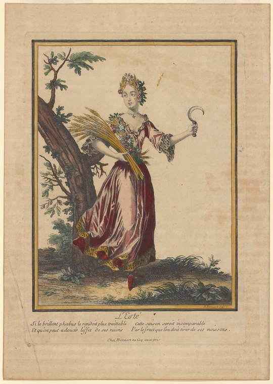 A graceful woman in a flowing mauve gown stands in classical pose, holding a crook, with a wreath in her hair and a cornucopia at her feet beneath a gnarled