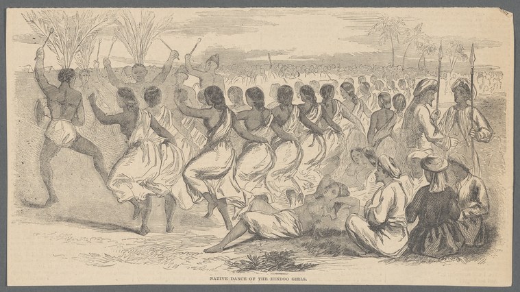 Wood engraving of dozens of dancers from the Bismarck Archipelago performing a ritual ceremony, wearing feathered headdresses and brandishing spears.
