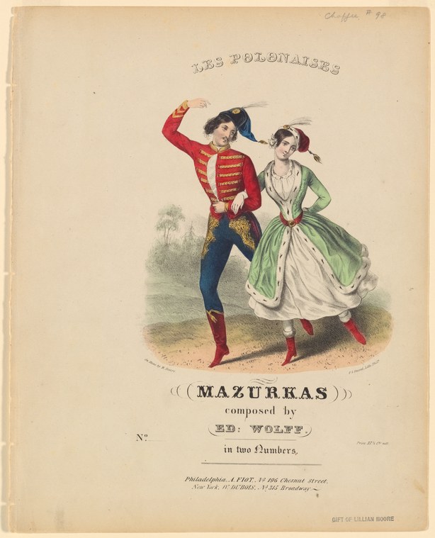 A military officer in a red coat raises his left arm while dancing with a woman in a green dress and feathered cap.