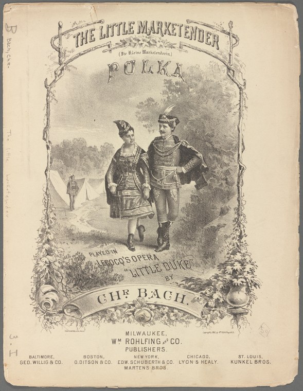 Chromolithographed operetta music cover showing two figures in 19th-century dress in an intimate social moment, framed by ornamental scrollwork.