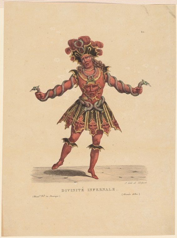 Single figure in elaborate red and gold costume with large horned headdress, arms spread wide, in confrontational stance on bare ground.