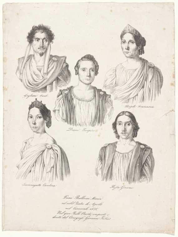 Five neoclassical portrait busts of dancers in draped costumes, arranged on an engraved page labeled with Italian names