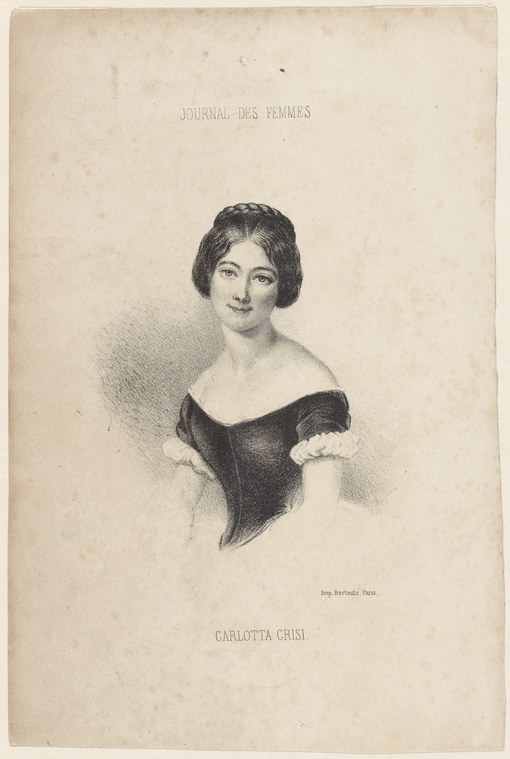 Half-length engraved portrait of a dark-haired woman in mid-19th-century dress, shoulders bare, gazing toward viewer