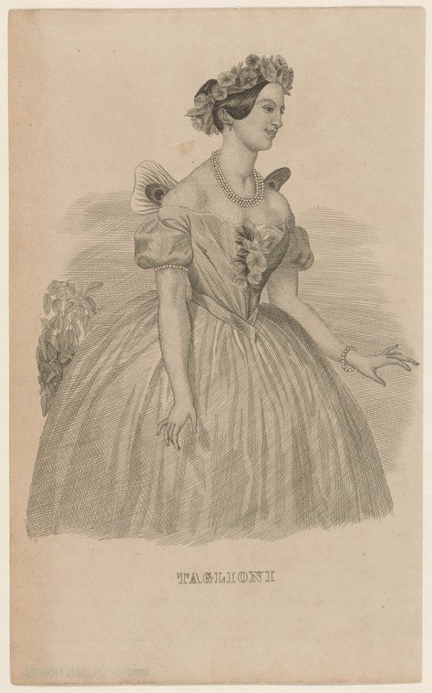 Engraving of a woman in Romantic-era ballroom dress, posed gracefully with one arm extended, titled 'Taglioni' at the base.