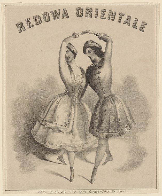 Two women in 1850s dress perform identical turning poses, raising one arm overhead while their skirts flare outward in a spinning motion.