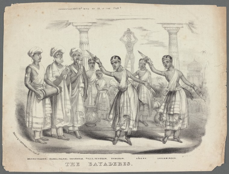 Seven Indian female dancers in white muslin dresses and turbans hold curved swords in varied poses before classical columns.