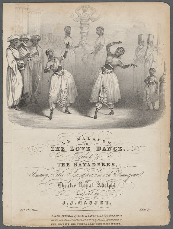Four women in white skirts and fitted bodices perform on a draped stage; two in foreground have raised or extended arms, two smaller figures in background near