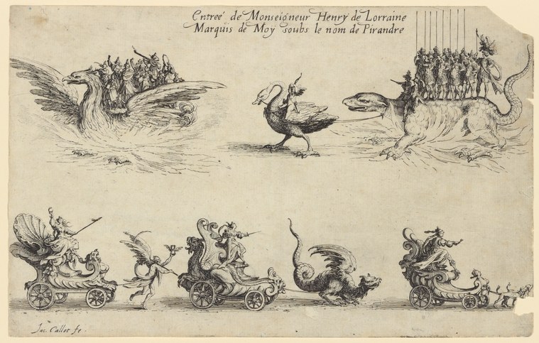 Engraving depicting an elaborate court procession with fantastical creatures carrying costumed courtiers, vehicles, and crowds on wheeled floats.