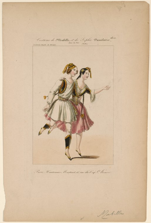 Two female ballet dancers in pale tutus with golden hair ribbons, posed in interaction, one facing left with arm extended, one leaning forward.