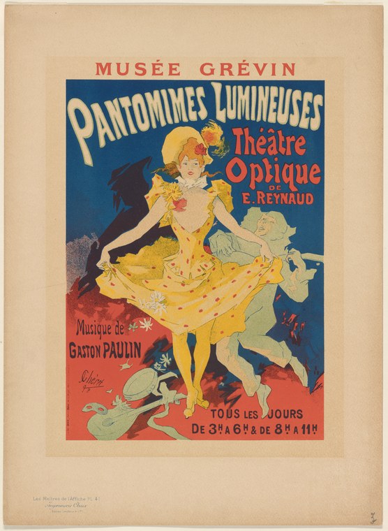 Color poster showing a woman in yellow dress and bonnet, body twisted in theatrical pose, with two pale cherub figures beside her.