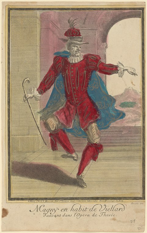 A male dancer in red doublet and teal cloak lifts his left leg high, one hand raised expressively, holding a cane, in a baroque opera costume.