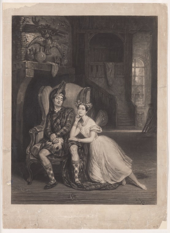 A woman in a white dress kneels beside a seated man in ornate Eastern costume with a feathered headdress, in a shadowed palace setting.