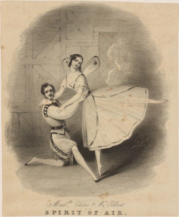 A kneeling male dancer in breeches gazes upward at a standing female dancer in a pale gown with raised arms, in a dimly lit theatrical interior.