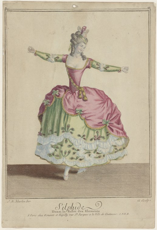 A single female ballet dancer in an ornate rose and green costume with elaborate ruffled skirt, posed in a lifted balletic frame with both arms extended.