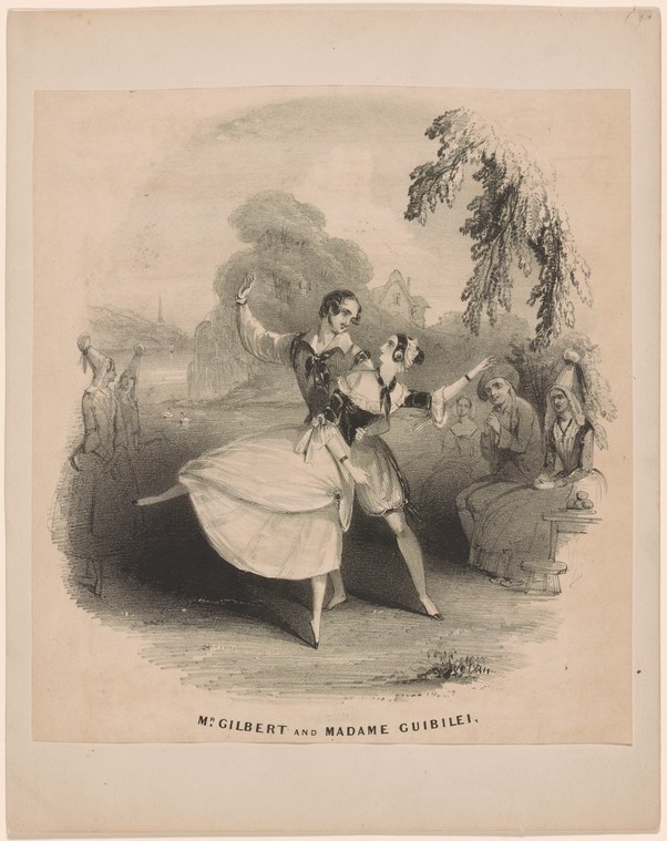 Two ballet dancers in a parkland setting: a man in dark coat and white breeches lunges forward with arm raised; a woman in pale tulle executes a pirouette