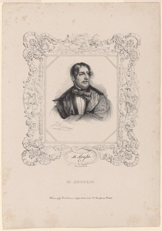 Formal engraved portrait of a man in nineteenth-century dress, in an ornate rococo frame, looking upward pensively.