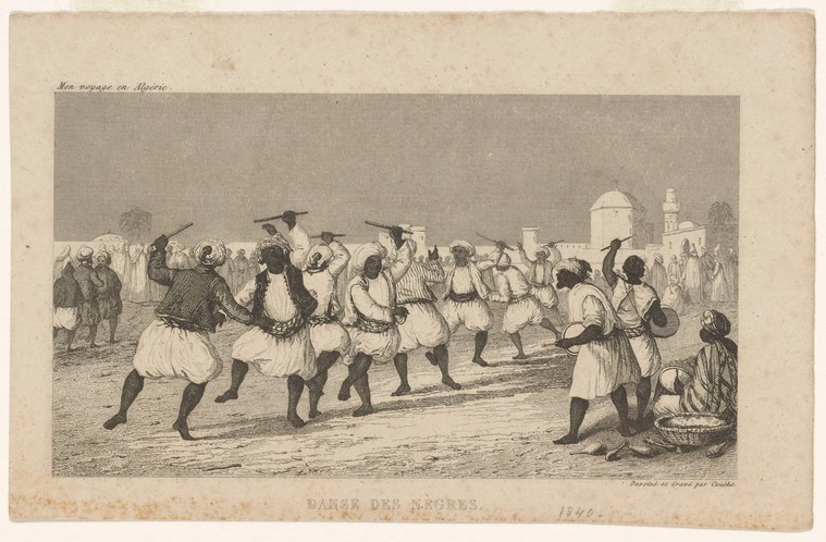 Engraving of African dancers in light garments performing energetically in an outdoor plaza while European observers sit watching.