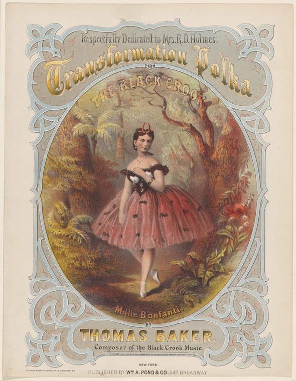 Color lithograph of a female classical ballet dancer in a short tutu, posed in a romantic woodland setting with ornate rococo border.
